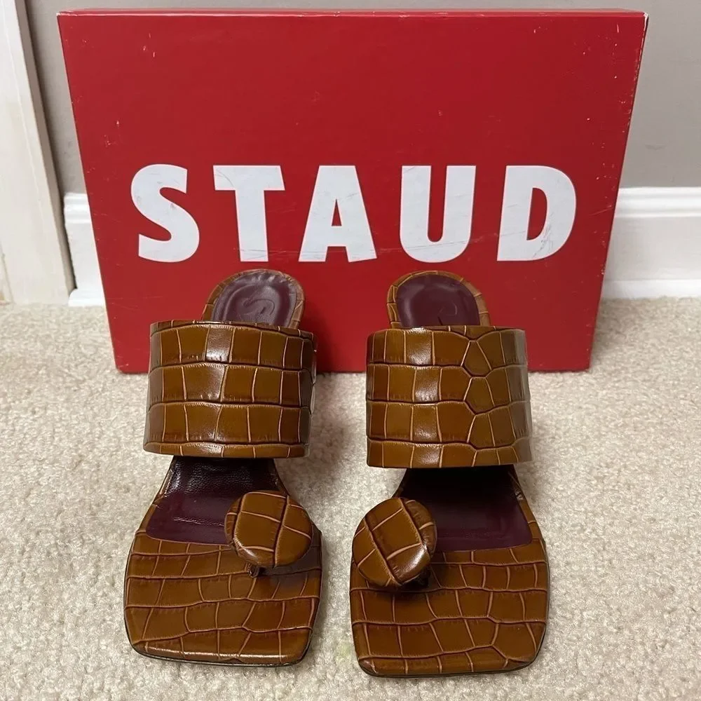 STAUD Luna Croc-Embossed Leather Mules